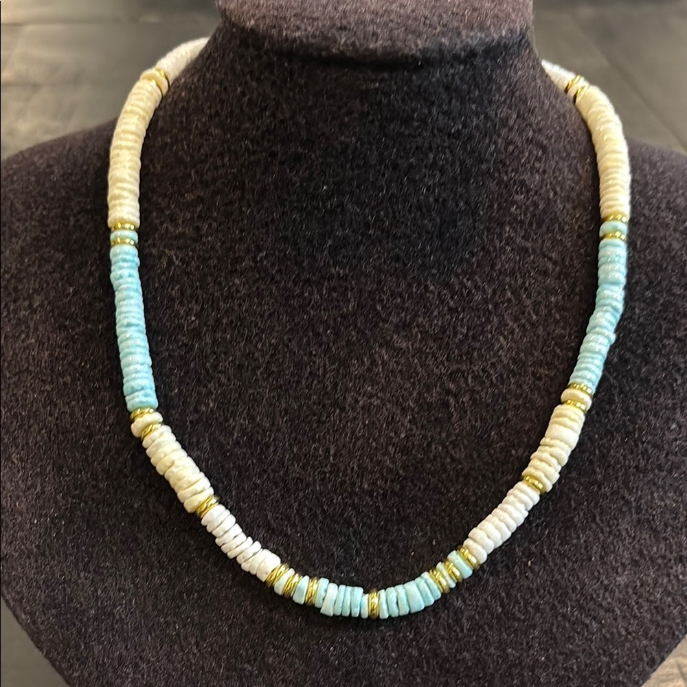 Shell Stainless Steel Gold Blue Beaded Necklace Beachy Boho Vacation